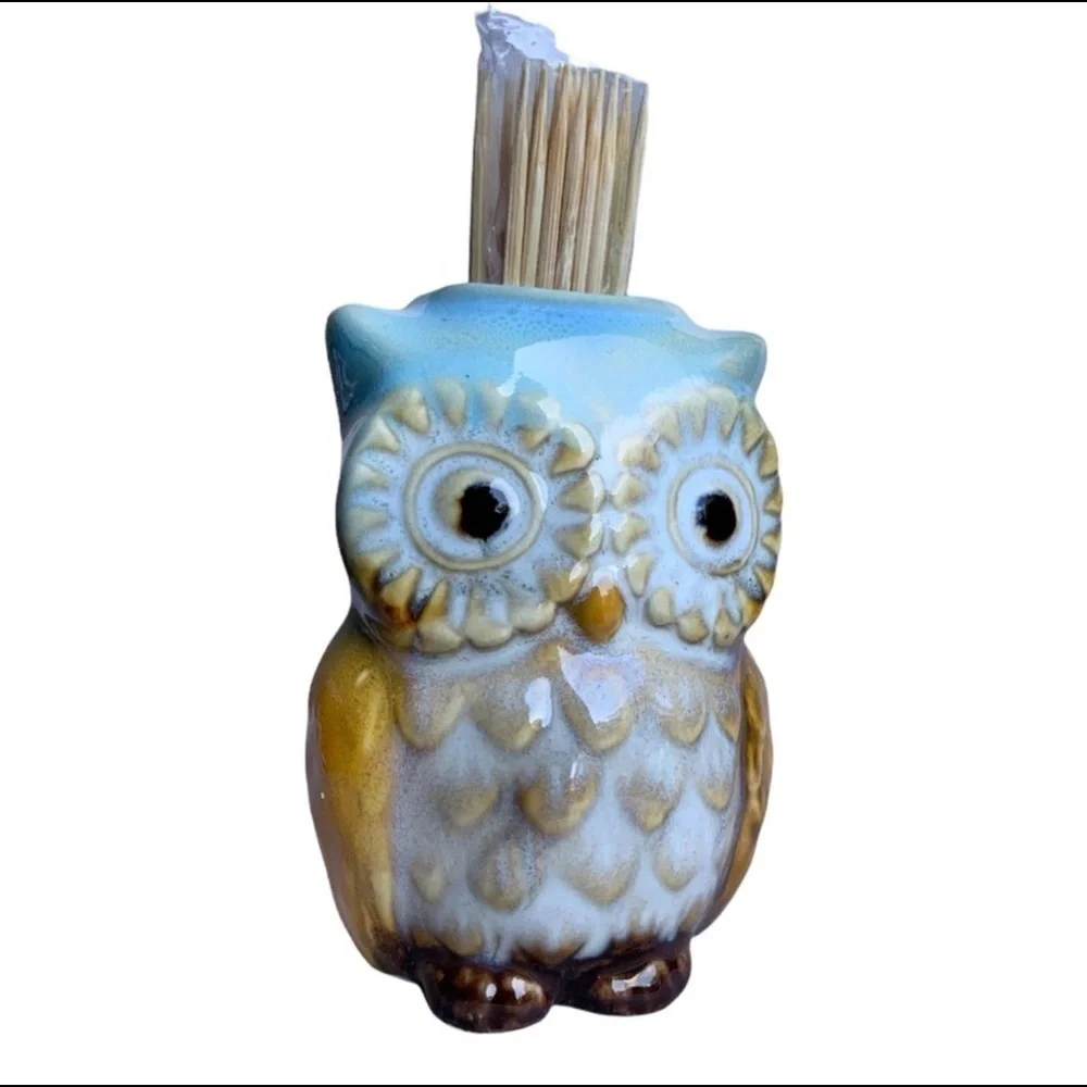 Kitchen Toothpick Holder Glazed Ceramic Owl Decor Blue White NEW